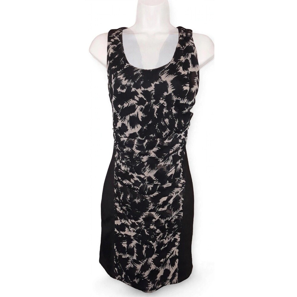 Plastic Island Black Taupe Abstract Chiffon Open Back Ruched Sheath Dress XS